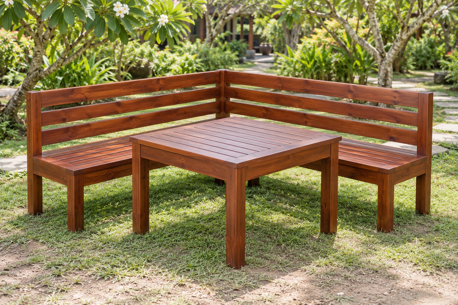 Bàn Ghế Sân Vườn BG31 - Ghế Băng Góc Chữ L Ôm Bàn Vuông, Gỗ Thông Bàn Ghế Sân Vườn BG31 - Ghế Băng Góc Chữ L Ôm Bàn Vuông, Gỗ Thông