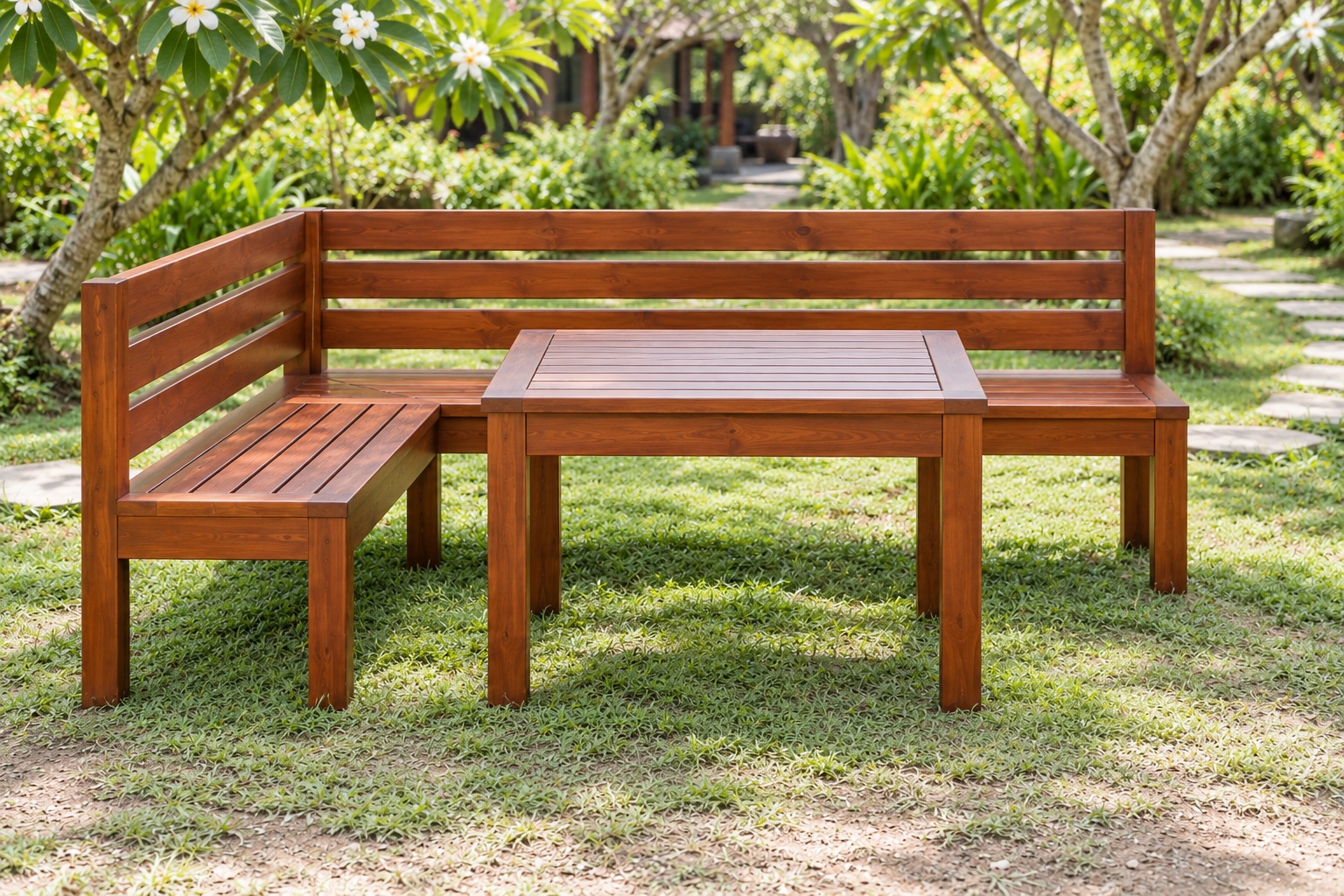 Bàn Ghế Sân Vườn BG31 - Ghế Băng Góc Chữ L Ôm Bàn Vuông, Gỗ Thông Bàn Ghế Sân Vườn BG31 - Ghế Băng Góc Chữ L Ôm Bàn Vuông, Gỗ Thông
