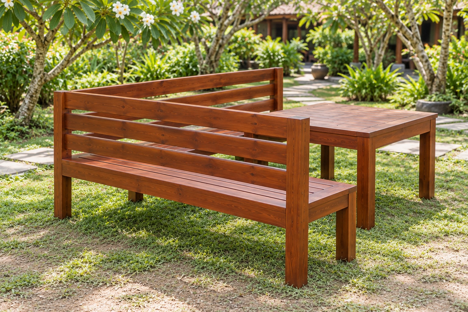 Bàn Ghế Sân Vườn BG31 - Ghế Băng Góc Chữ L Ôm Bàn Vuông, Gỗ Thông Bàn Ghế Sân Vườn BG31 - Ghế Băng Góc Chữ L Ôm Bàn Vuông, Gỗ Thông