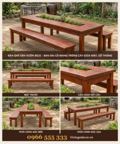 Bàn Ghế Sân Vườn BG32 - Bàn Dài Có Máng Trồng Cây Giữa Mặt, Gỗ Thông