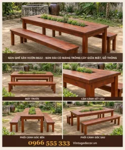 Bàn Ghế Sân Vườn BG32 - Bàn Dài Có Máng Trồng Cây Giữa Mặt, Gỗ Thông