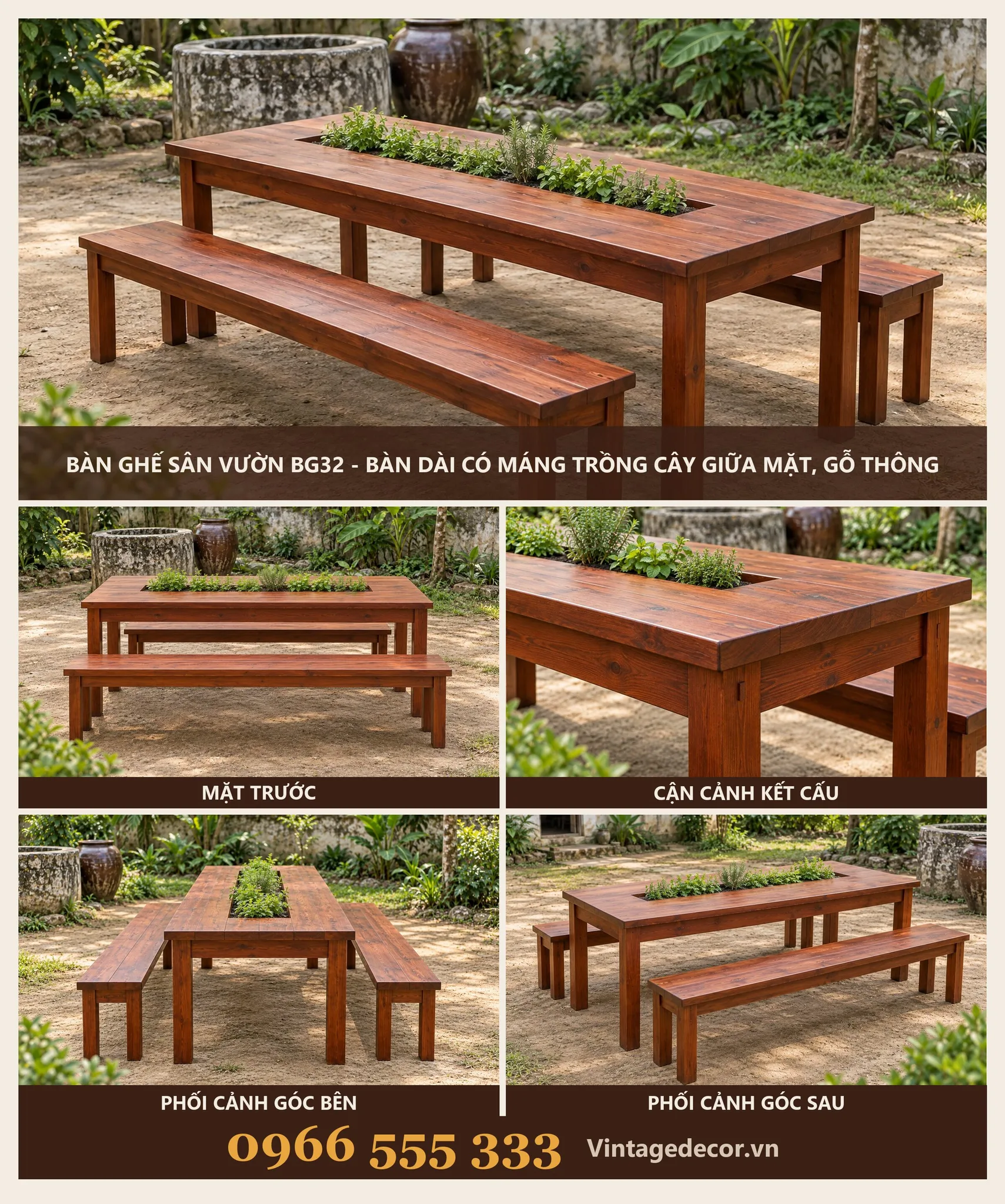 Bàn Ghế Sân Vườn BG32 Máng Trồng Cây Giữa Mặt