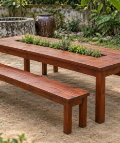 Bàn Ghế Sân Vườn BG32 - Bàn Dài Có Máng Trồng Cây Giữa Mặt, Gỗ Thông