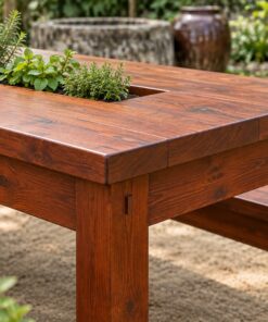 Bàn Ghế Sân Vườn BG32 - Bàn Dài Có Máng Trồng Cây Giữa Mặt, Gỗ Thông