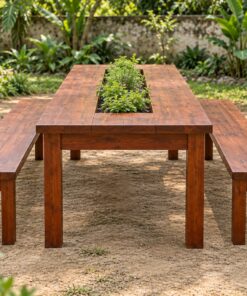 Bàn Ghế Sân Vườn BG32 - Bàn Dài Có Máng Trồng Cây Giữa Mặt, Gỗ Thông