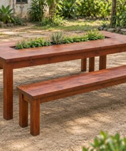 Bàn Ghế Sân Vườn BG32 - Bàn Dài Có Máng Trồng Cây Giữa Mặt, Gỗ Thông