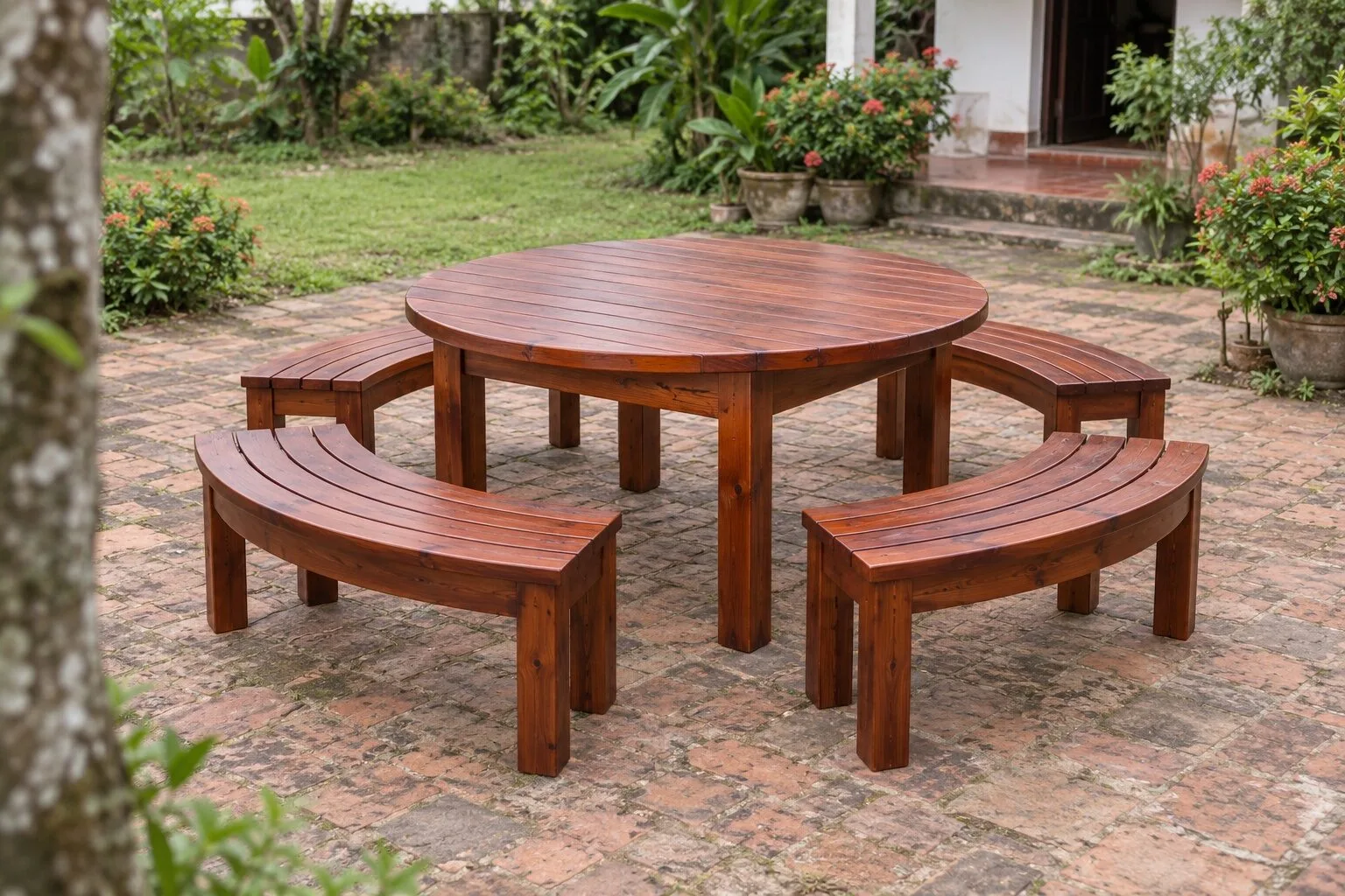 Bộ bàn tròn gỗ BG33 với bốn ghế băng cong đặt quanh, trên sân gạch trước hiên nhà