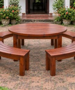 Bàn Ghế Sân Vườn BG33 - Bàn Tròn Ghế Băng Cong Thành Vòng, Gỗ Thông