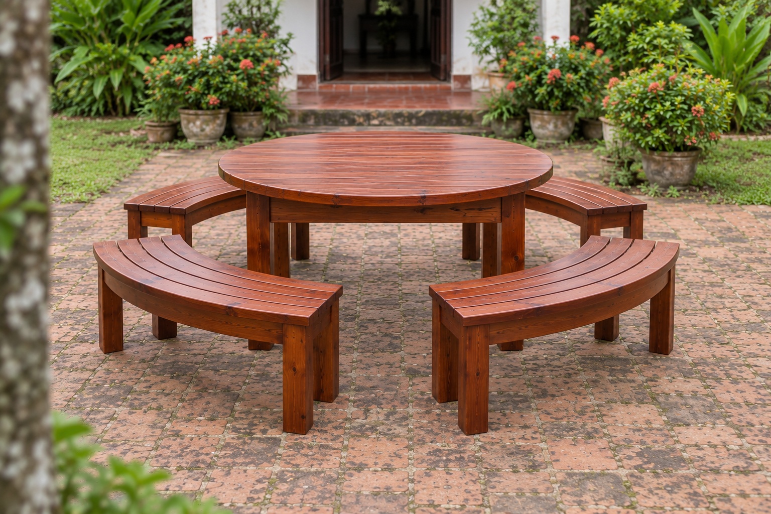 Bàn Ghế Sân Vườn BG33 - Bàn Tròn Ghế Băng Cong Thành Vòng, Gỗ Thông Bàn Ghế Sân Vườn BG33 - Bàn Tròn Ghế Băng Cong Thành Vòng, Gỗ Thông
