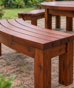 Bàn Ghế Sân Vườn BG33 - Bàn Tròn Ghế Băng Cong Thành Vòng, Gỗ Thông