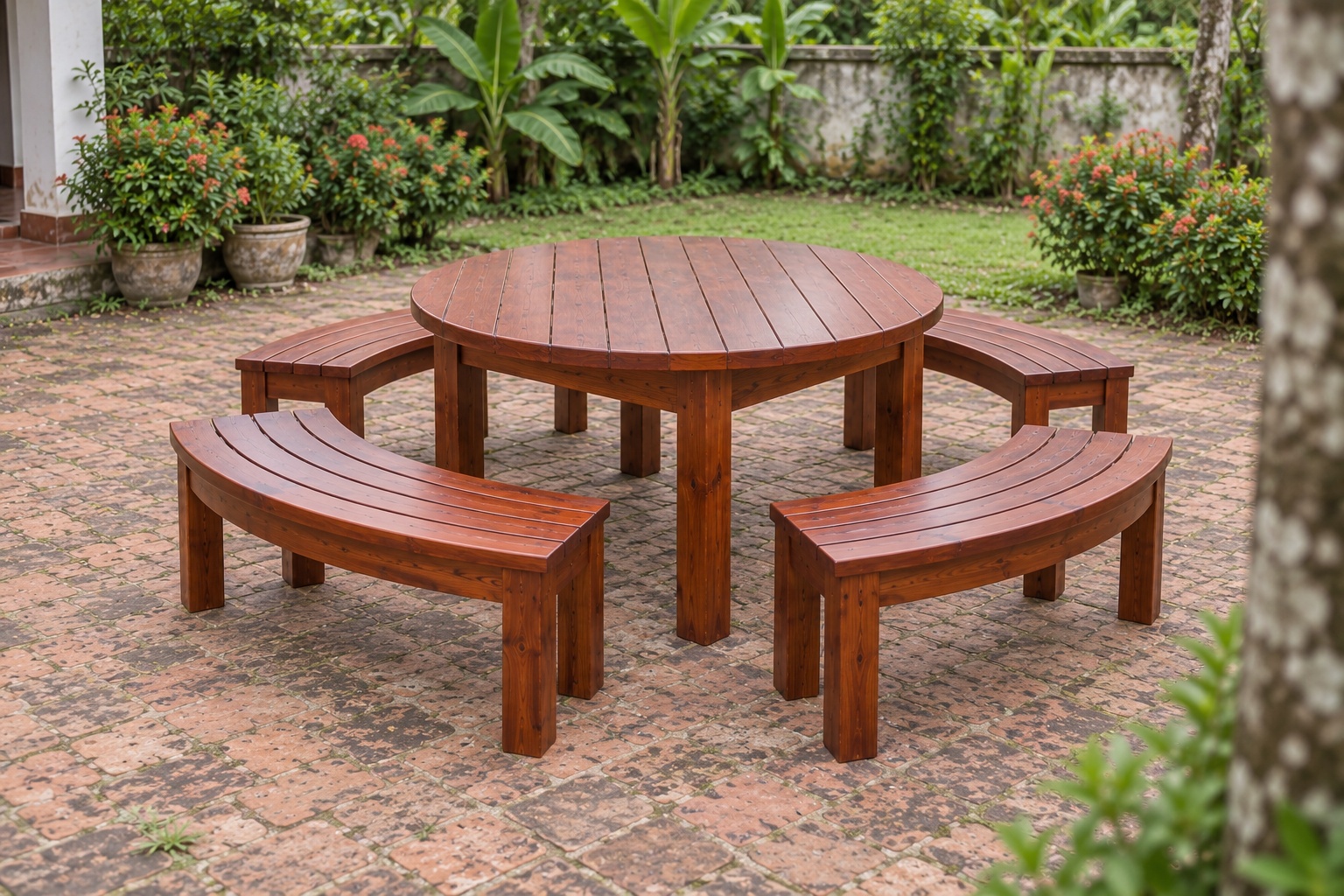 Bàn Ghế Sân Vườn BG33 - Bàn Tròn Ghế Băng Cong Thành Vòng, Gỗ Thông Bàn Ghế Sân Vườn BG33 - Bàn Tròn Ghế Băng Cong Thành Vòng, Gỗ Thông