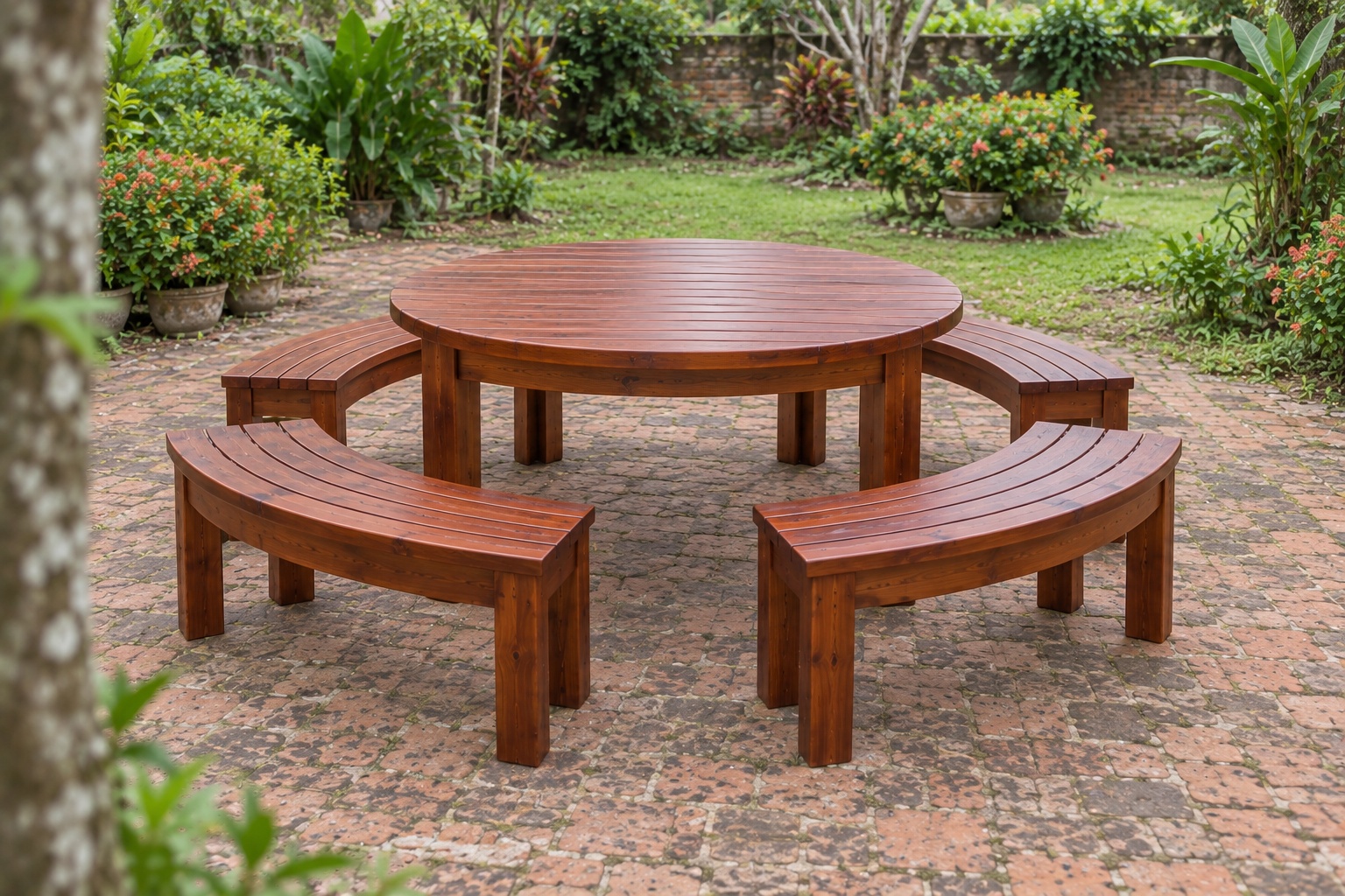 Bàn Ghế Sân Vườn BG33 - Bàn Tròn Ghế Băng Cong Thành Vòng, Gỗ Thông Bàn Ghế Sân Vườn BG33 - Bàn Tròn Ghế Băng Cong Thành Vòng, Gỗ Thông