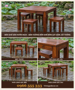 Bàn Ghế Sân Vườn BG34 - Bàn Vuông Bốn Ghế Đôn Lọt Gầm, Gỗ Thông