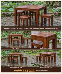 Bàn Ghế Sân Vườn BG34 - Bàn Vuông Bốn Ghế Đôn Lọt Gầm, Gỗ Thông