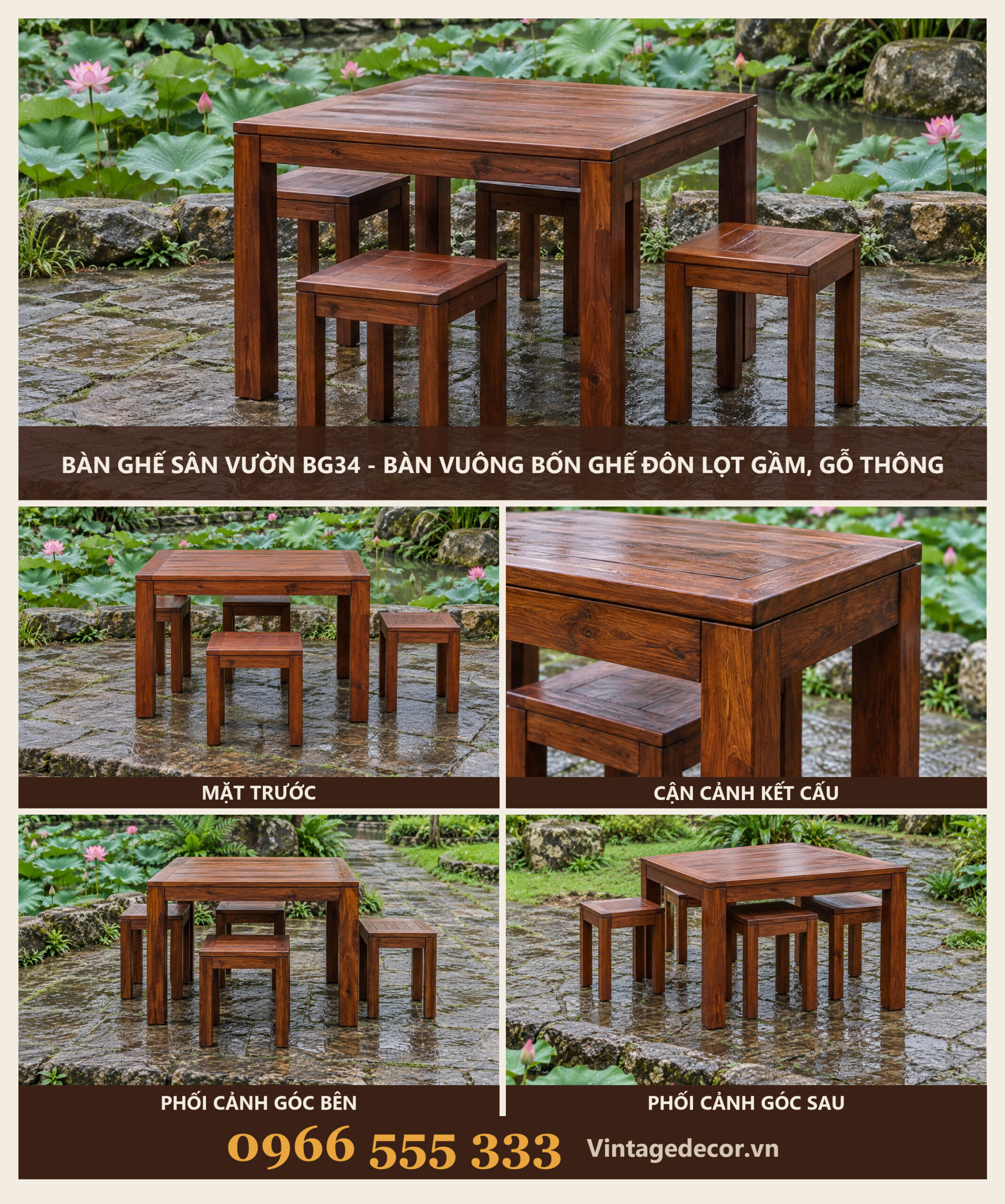 Bàn Ghế Sân Vườn BG34 - Bàn Vuông Bốn Ghế Đôn Lọt Gầm, Gỗ Thông Bàn Ghế Sân Vườn BG34 - Bàn Vuông Bốn Ghế Đôn Lọt Gầm, Gỗ Thông