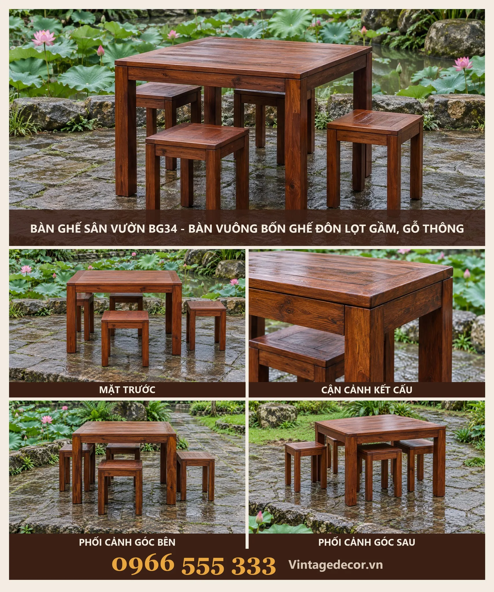 Bàn Ghế Sân Vườn BG34 - Bàn Vuông Bốn Ghế Đôn Lọt Gầm, Gỗ Thông