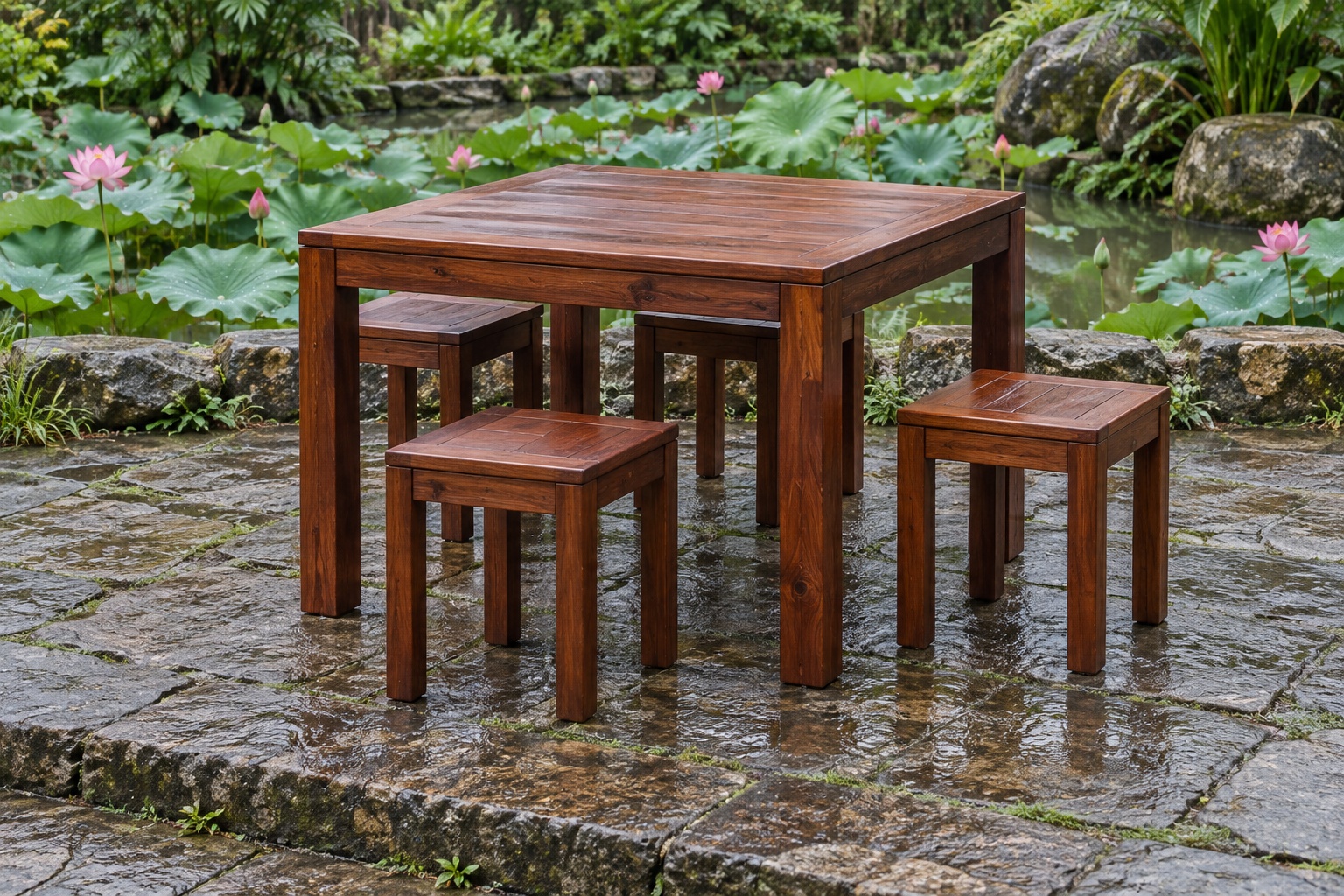 Bàn Ghế Sân Vườn BG34 - Bàn Vuông Bốn Ghế Đôn Lọt Gầm, Gỗ Thông Bàn Ghế Sân Vườn BG34 - Bàn Vuông Bốn Ghế Đôn Lọt Gầm, Gỗ Thông
