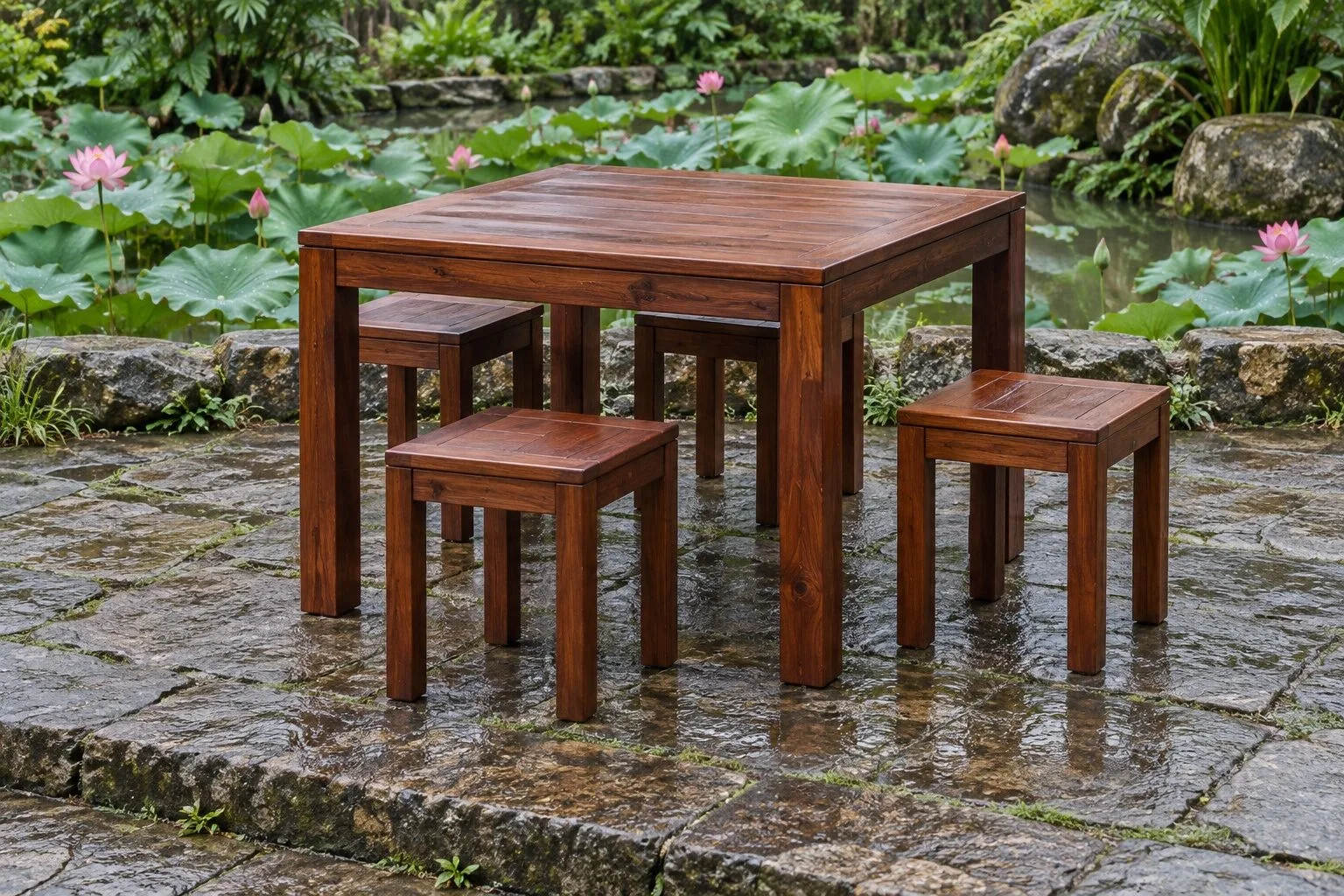 Bộ BG34 bàn vuông gỗ nâu đỏ và bốn đôn vuông, đôn đẩy sát dưới mép bàn, nền đá ướt cạnh hồ sen