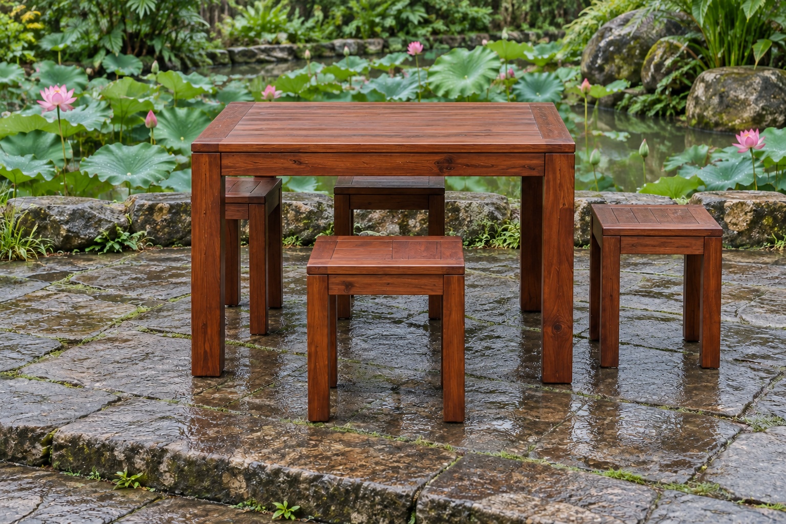 Bàn Ghế Sân Vườn BG34 - Bàn Vuông Bốn Ghế Đôn Lọt Gầm, Gỗ Thông Bàn Ghế Sân Vườn BG34 - Bàn Vuông Bốn Ghế Đôn Lọt Gầm, Gỗ Thông
