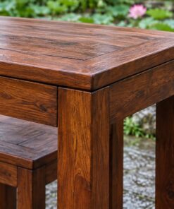 Bàn Ghế Sân Vườn BG34 - Bàn Vuông Bốn Ghế Đôn Lọt Gầm, Gỗ Thông