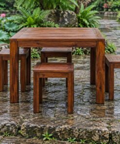 Bàn Ghế Sân Vườn BG34 - Bàn Vuông Bốn Ghế Đôn Lọt Gầm, Gỗ Thông