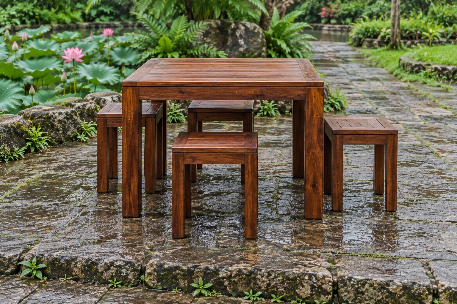 Bàn Ghế Sân Vườn BG34 - Bàn Vuông Bốn Ghế Đôn Lọt Gầm, Gỗ Thông Bàn Ghế Sân Vườn BG34 - Bàn Vuông Bốn Ghế Đôn Lọt Gầm, Gỗ Thông