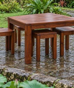 Bàn Ghế Sân Vườn BG34 - Bàn Vuông Bốn Ghế Đôn Lọt Gầm, Gỗ Thông