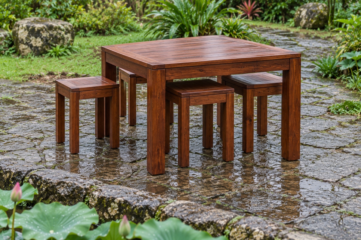 Bàn Ghế Sân Vườn BG34 - Bàn Vuông Bốn Ghế Đôn Lọt Gầm, Gỗ Thông Bàn Ghế Sân Vườn BG34 - Bàn Vuông Bốn Ghế Đôn Lọt Gầm, Gỗ Thông