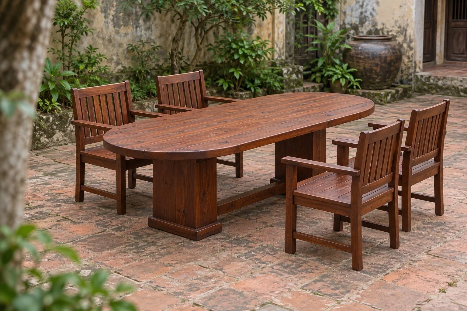 Bàn Ghế Sân Vườn BG38 - Bàn Mặt Bầu Dục Bốn Ghế Tựa Có Tay Vịn, Gỗ Thông