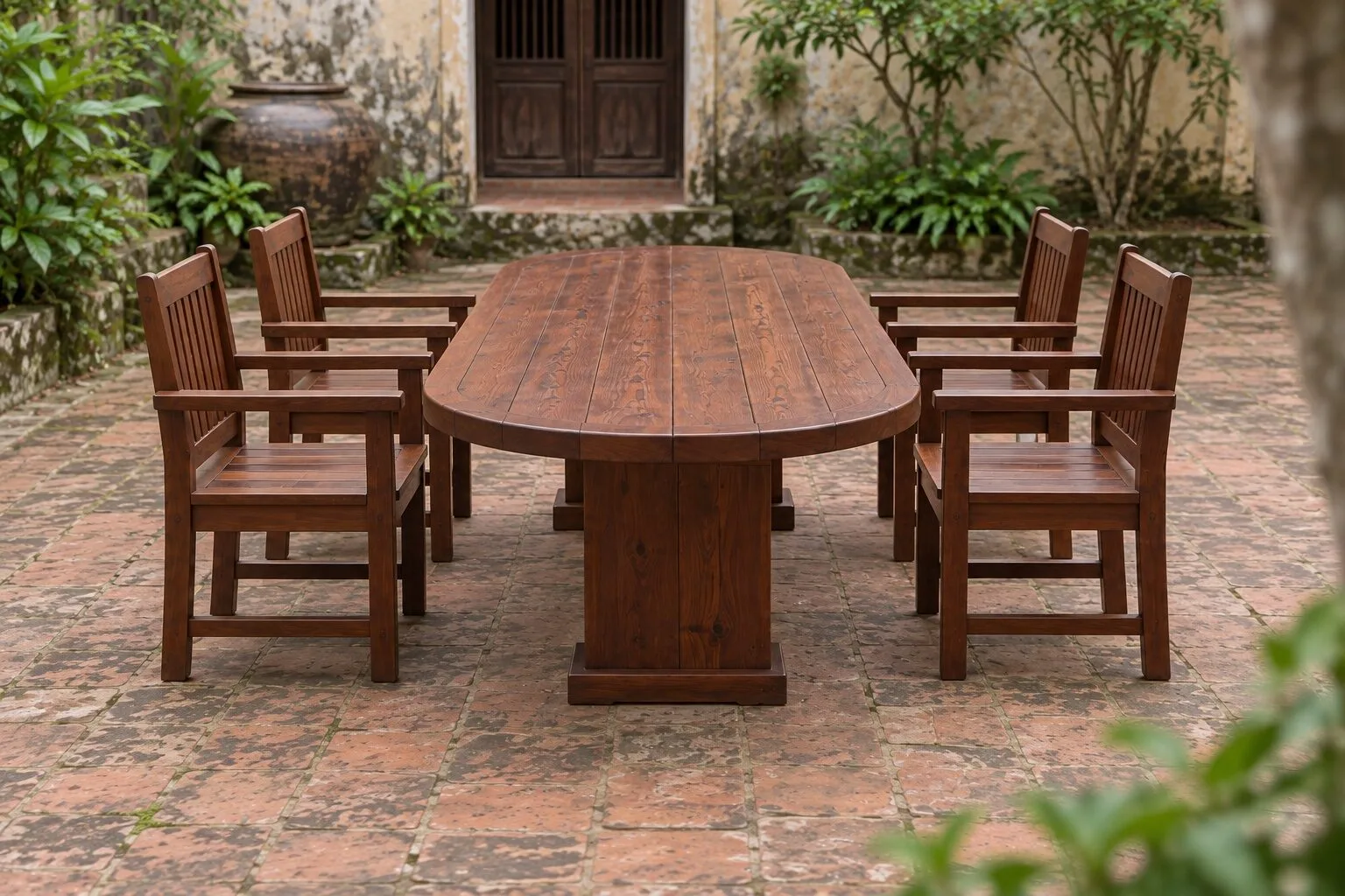 Bàn mặt bầu dục nhìn từ đầu bàn, hai ghế tay vịn mỗi bên, đầu bàn bo tròn trên sân gạch