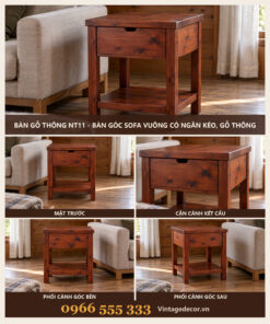 Bàn Gỗ Thông NT11 - Bàn Góc Sofa Vuông Có Ngăn Kéo, Gỗ Thông