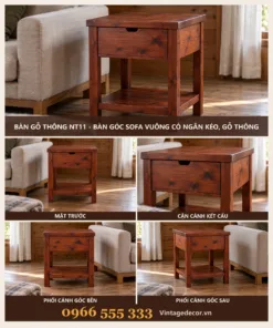 Bàn Gỗ Thông NT11 - Bàn Góc Sofa Vuông Có Ngăn Kéo, Gỗ Thông
