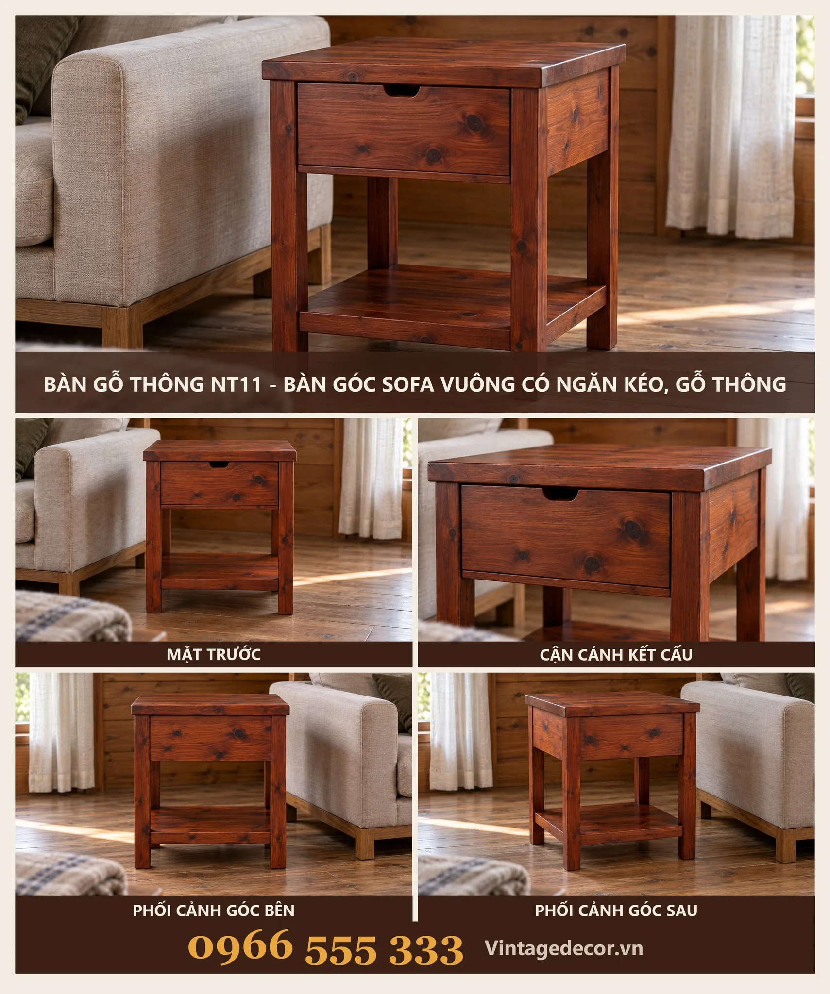 Bàn Gỗ Thông NT11 - Bàn Góc Sofa Vuông Có Ngăn Kéo, Gỗ Thông