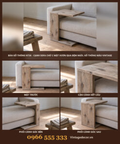Bàn Gỗ Thông NT36 - Cạnh Sofa Chữ C Mặt Vươn Qua Đệm Ngồi, Gỗ Thông Màu Vintage