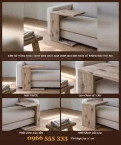 Bàn gỗ NT36 cạnh sofa chữ C – ảnh ghép mặt trước, cận mặt bàn, góc bên, góc sau