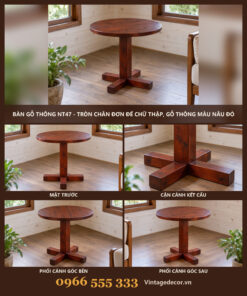 Bàn Gỗ Thông NT47 - Tròn Chân Đơn Đế Chữ Thập, Gỗ Thông Màu Nâu Đỏ