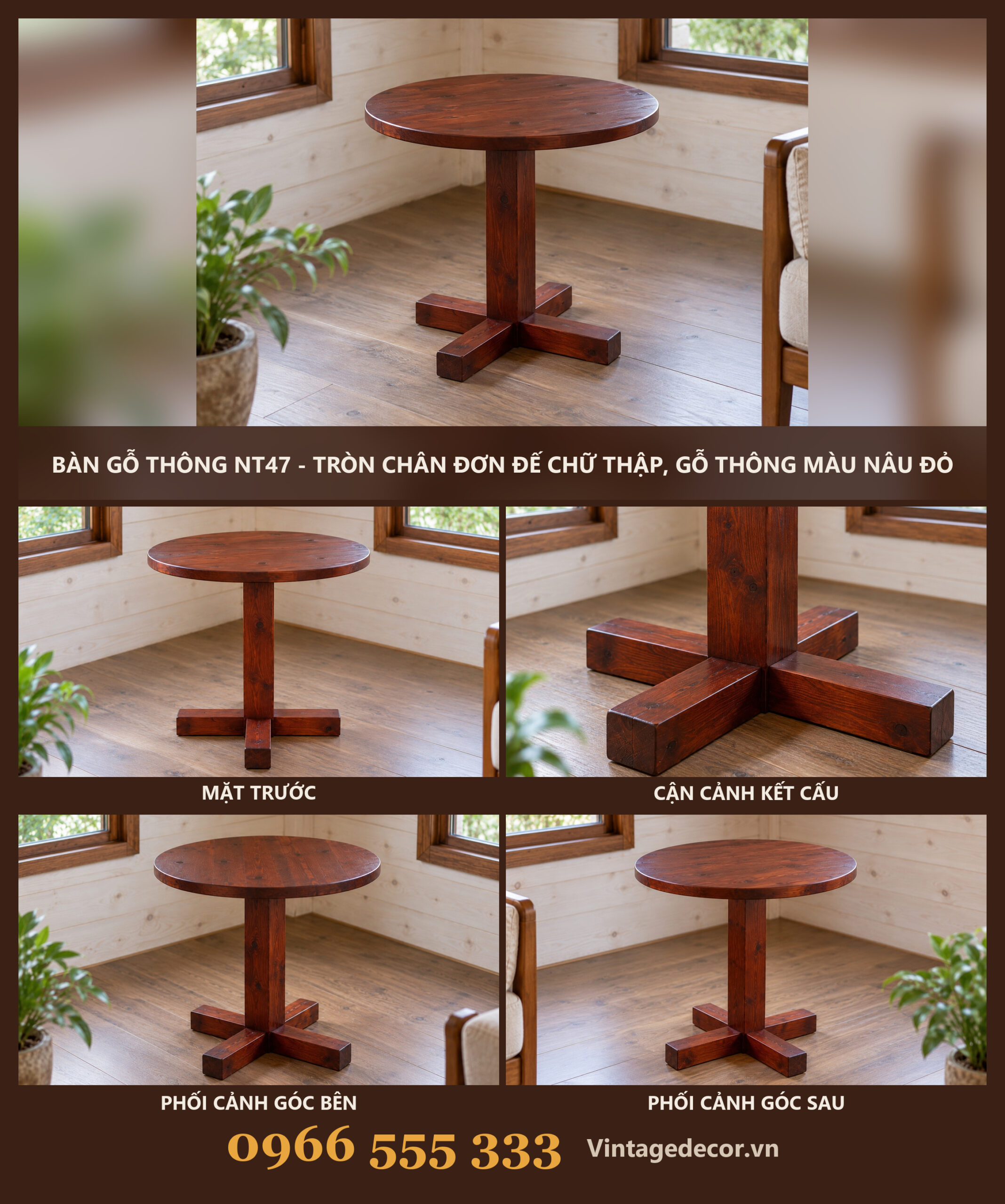 Bàn Gỗ Thông NT47 - Tròn Chân Đơn Đế Chữ Thập, Gỗ Thông Màu Nâu Đỏ Bàn Gỗ Thông NT47 - Tròn Chân Đơn Đế Chữ Thập, Gỗ Thông Màu Nâu Đỏ