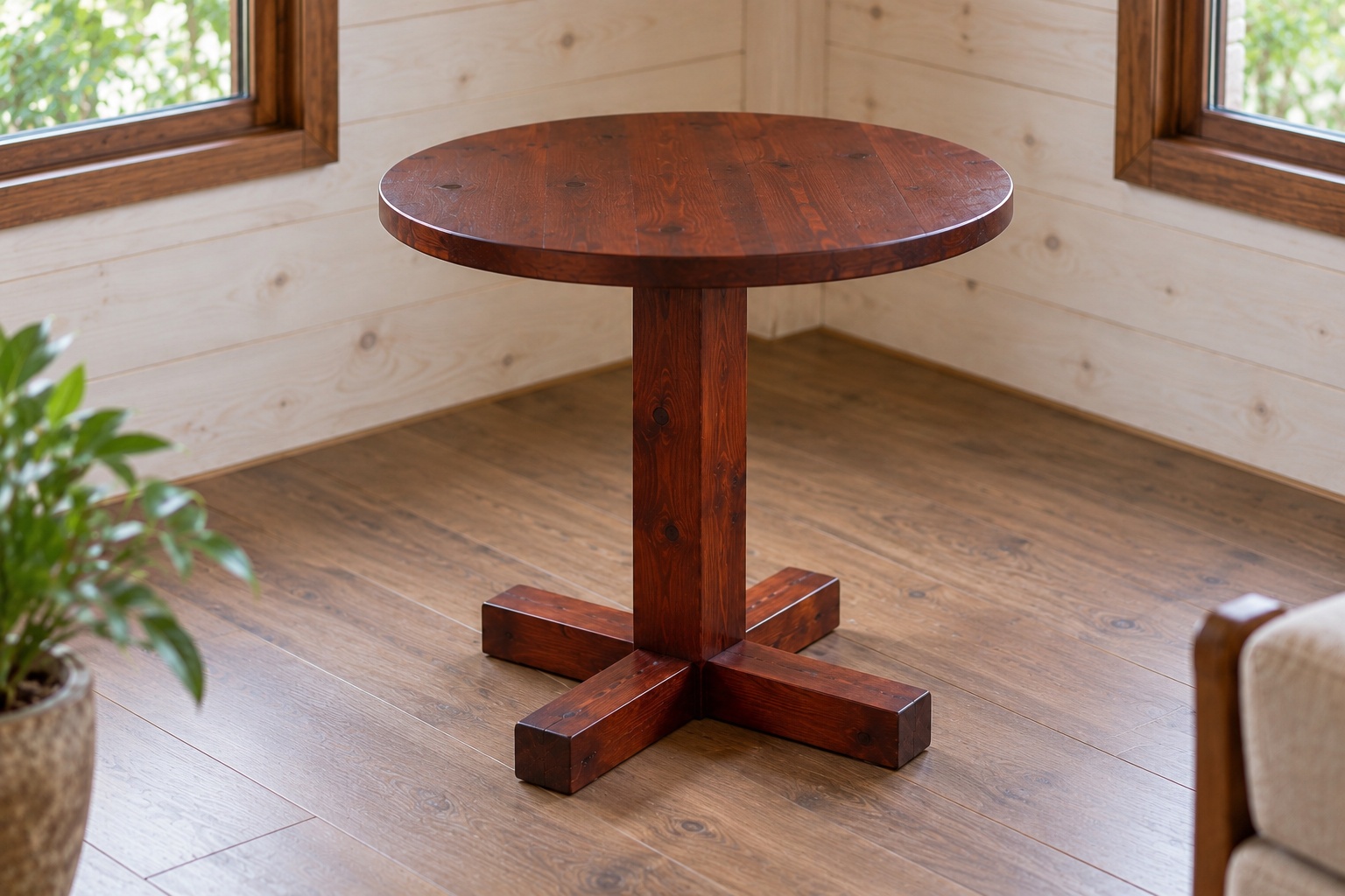 Bàn Gỗ Thông NT47 - Tròn Chân Đơn Đế Chữ Thập, Gỗ Thông Màu Nâu Đỏ Bàn Gỗ Thông NT47 - Tròn Chân Đơn Đế Chữ Thập, Gỗ Thông Màu Nâu Đỏ