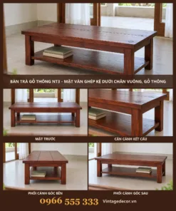 Bàn Trà Gỗ Thông NT3 - Mặt Ván Ghép Kệ Dưới Chân Vuông, Gỗ Thông