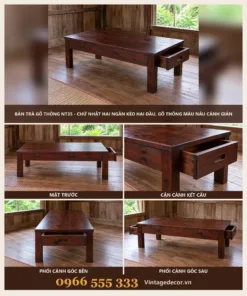 Bàn Trà Gỗ Thông NT35 - Chữ Nhật Hai Ngăn Kéo Hai Đầu, Gỗ Thông Màu Nâu Cánh Gián