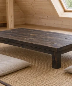 Bàn trà NT37 gỗ cháy – bàn rất thấp trên chiếu cói, đệm ngồi quanh, phòng áp mái