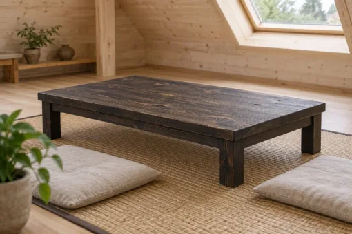 Bàn Trà Gỗ Thông NT37 - Thấp Ngồi Bệt Kiểu Nhật, Gỗ Thông Màu Gỗ Cháy Bàn trà NT37 gỗ cháy – bàn rất thấp trên chiếu cói, đệm ngồi quanh, phòng áp mái