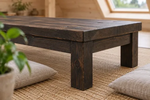 Bàn Trà Gỗ Thông NT37 - Thấp Ngồi Bệt Kiểu Nhật, Gỗ Thông Màu Gỗ Cháy Bàn trà NT37 – cận góc mép mặt dày, chân vuông bản to