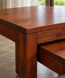 Bàn trà NT38 – cận cảnh mép bàn thấp nằm sát dưới vai bàn cao