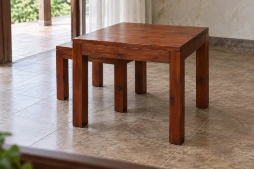Bàn Trà Gỗ Thông NT38 - Bộ Hai Chiếc Lồng Cao Thấp, Gỗ Thông Màu Nâu Đỏ Bàn trà NT38 – nhìn từ phía sau, bàn thấp kéo ra lệch bên
