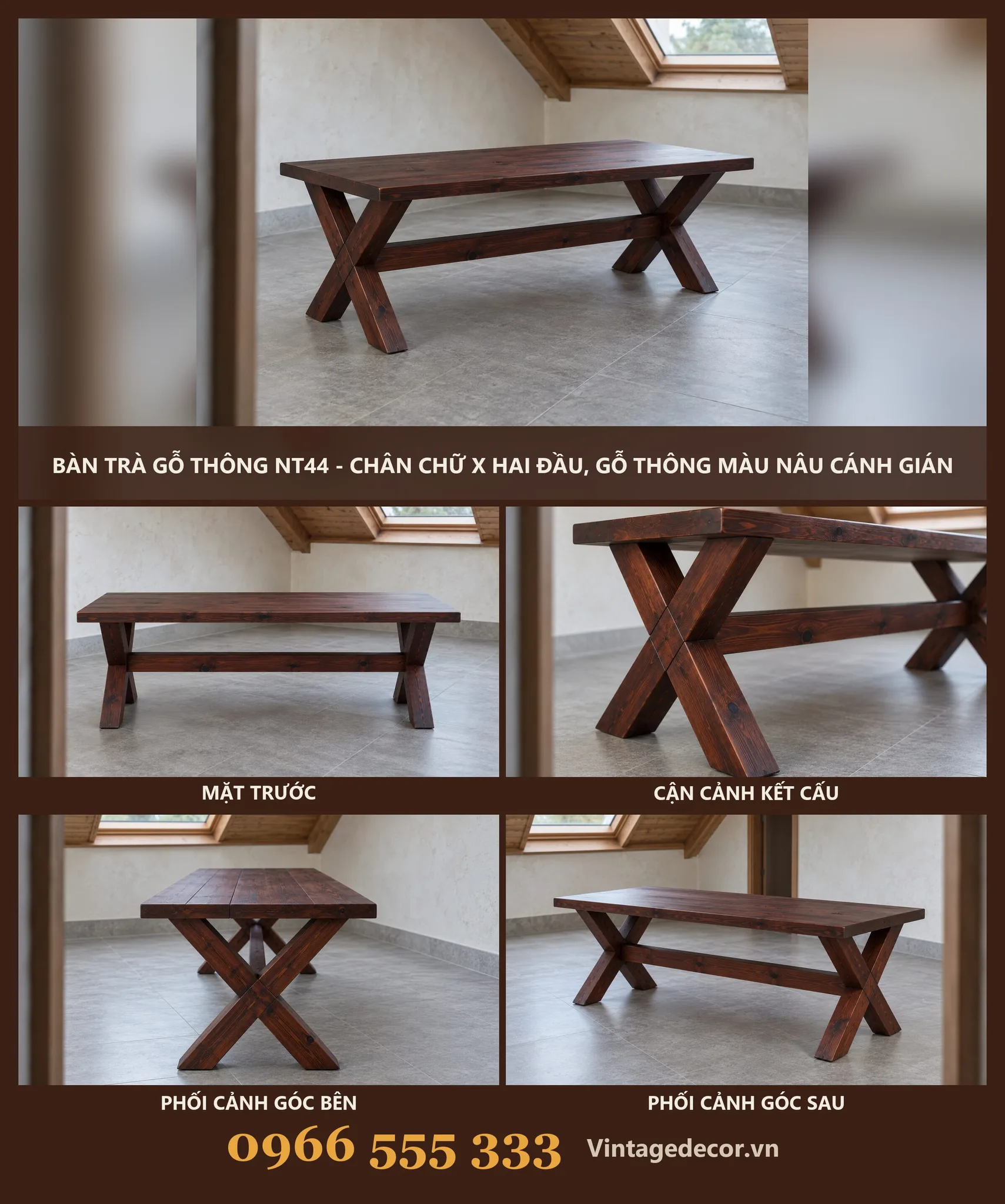 Bàn Trà Gỗ NT44 Chân Chữ X Hai Đầu