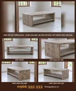 Bàn Trà Gỗ Thông NT54 - Chân Ván Đặc Hai Đầu Kệ Giữa, Gỗ Thông Màu Vintage