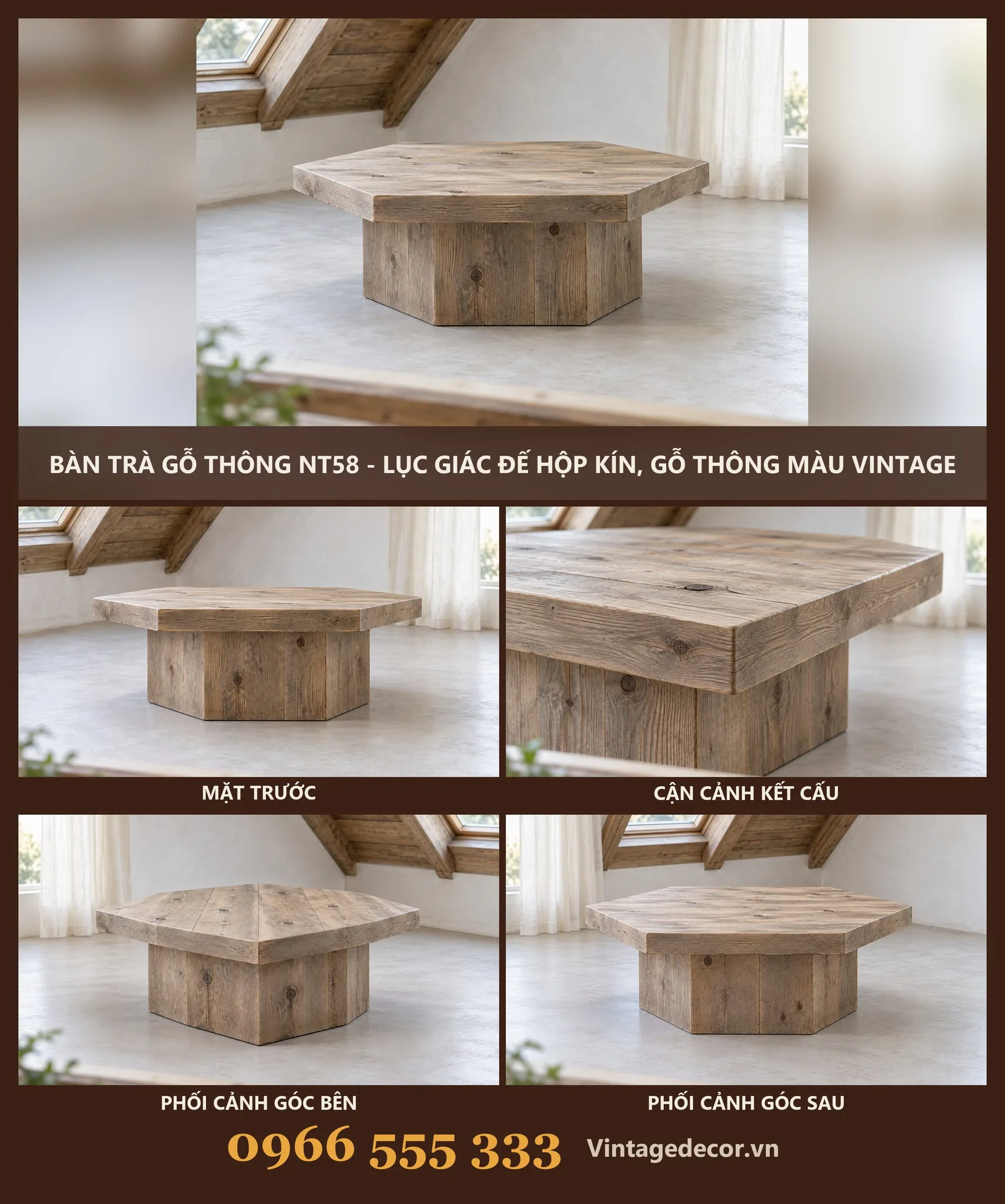 Bàn Trà Gỗ Thông NT58 - Lục Giác Đế Hộp Kín, Gỗ Thông Màu Vintage Bàn Trà Gỗ Thông NT58 - Lục Giác Đế Hộp Kín, Gỗ Thông Màu Vintage