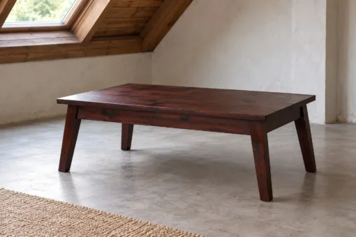 Bàn Trà Gỗ Thông NT65 - Chân Vát Chéo Xòe Ra Bốn Góc, Gỗ Thông Màu Nâu Cánh Gián