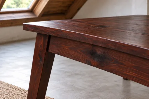 Bàn Trà Gỗ Thông NT65 - Chân Vát Chéo Xòe Ra Bốn Góc, Gỗ Thông Màu Nâu Cánh Gián